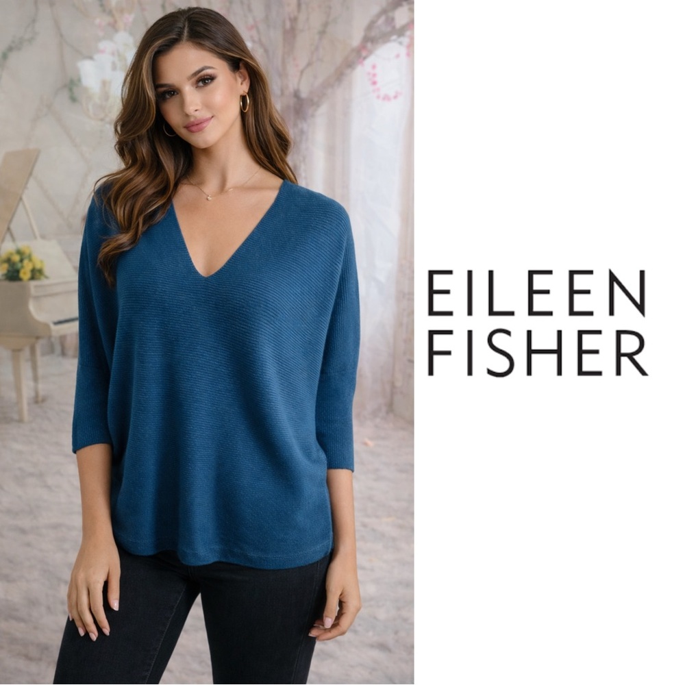 Eileen Fisher Ribbed Delave V Neck Linen Sweater